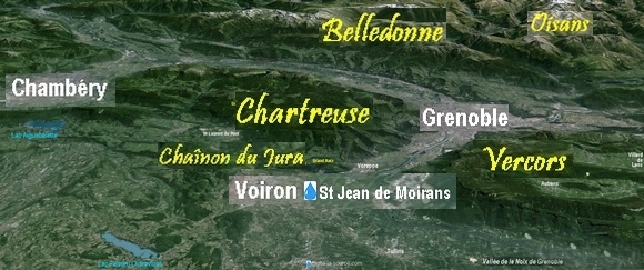 au pied des alpes, panorama sur 5 cha�nes de montagnes: Jura, Chartreuse, Belledonne, Oisans,Vercors. Grenoble, Voiron, Lac Paladru. Cliquez