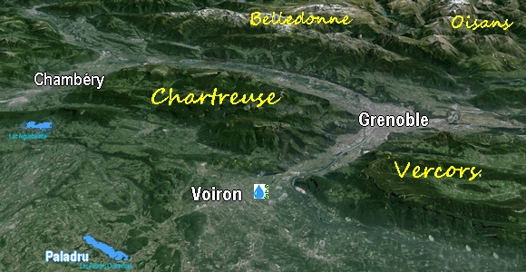 au pied des alpes, panorama sur 5 cha�nes de montagnes: Jura, Chartreuse, Belledonne, Oisans,Vercors. Grenoble, Voiron, Lac Paladru. Cliquez